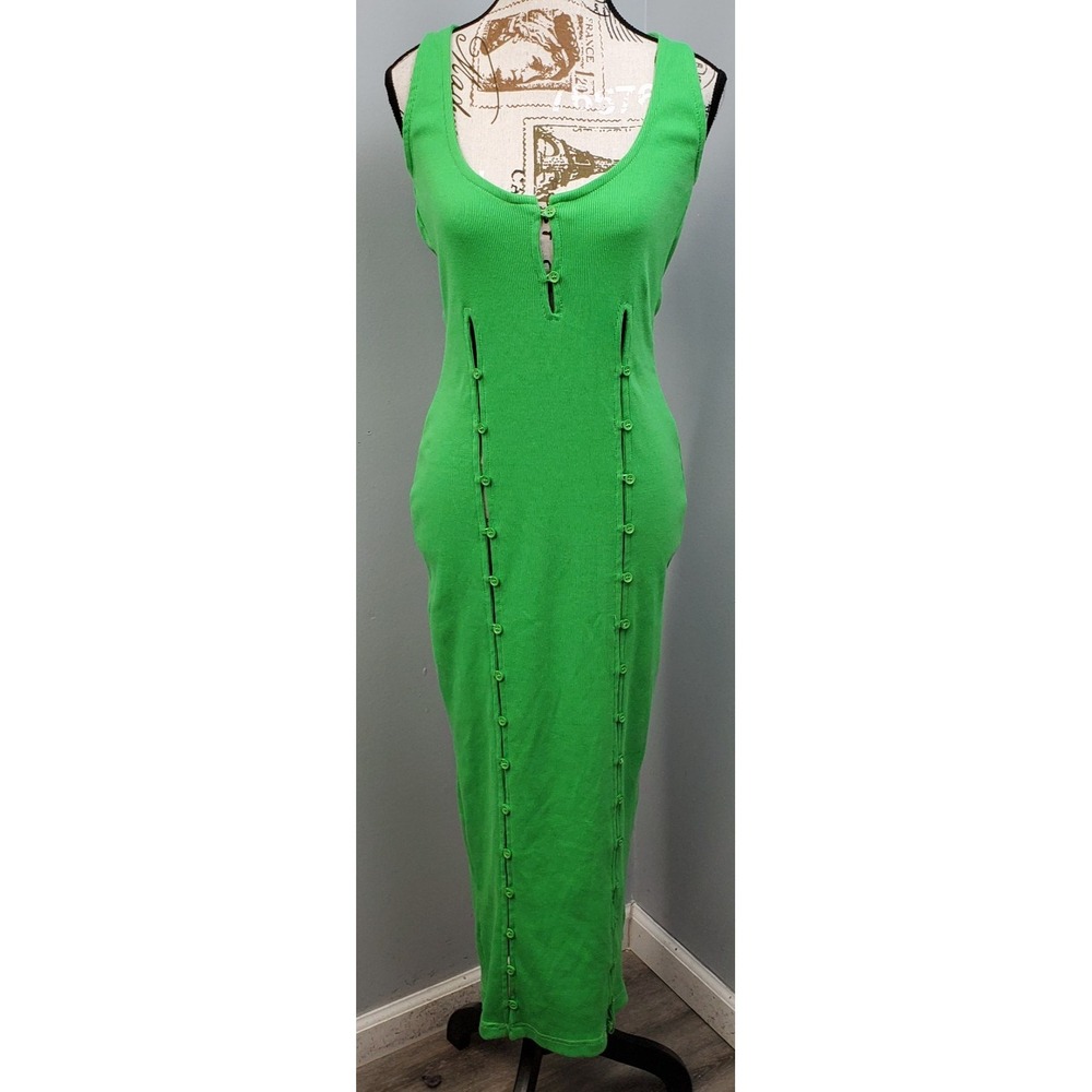 Missguided Ribbed Bodycon Dress Women 6 Green Sleeveless Scoop Neck Button Front